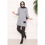 EBRUTESETTÜR Taş İşlemeli Ponponlu Tesettür Tunik Gri