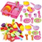 EC Shop Depomiks Avm Barbie Oyuncak Bulaşıklık Tabak Tencere Set + 10 Parça Kesilebilen Oyuncak Meyve Sebze Set Depomiks