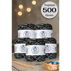 Ece Örgü Tasarım Atölyesi Çok katlı siyah italyan merserize ve gümüş püskül sim karışımı, tasarım örgü ipi (500 gr.)