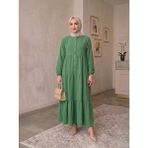 Eceylül Moda %100 Pamuk Önü Düğmeli Siyah Salaş Bol Kesim Kat Kat Uzun Tesettür Elbise - 38 - 40 - Yeşil
