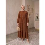 Eceylül Moda %100 Pamuk Önü Düğmeli Siyah Salaş Bol Kesim Kat Kat Uzun Tesettür Elbise - 48 - 50 - Kahverengi