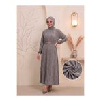 ECEYLÜL MODA Kadın Gri Çift Fırfır Dokulu Esnek Kumaş Gold Toka Kemerli Uzun Tesettür Elbise