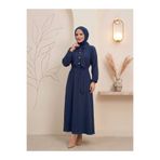 ECEYLÜL MODA Kadın Lacivert Pamuklu Modal Dökümlü Kuşaklı Elbise - Belden Lastikli Mevlana Model Tesettür Elbise