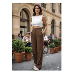 ECEYLÜL MODA KAHVERENGİ SCUBA KREP ÖNÜ PİLELİ PALAZZO PANTOLON(kısa süreliğine lansman fiyatı)
