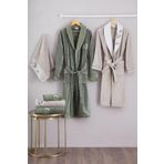 Ecocotton Derin Aile Bornoz Seti %100 Organik Pamuk Nakışlı Bej/Yeşil - M/L