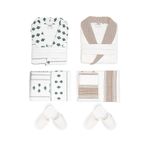 Ecocotton İmre Organik Pamuk Müslin Jakarlı Yeşil Bej Aile Bornoz Seti