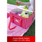 Ecolux Yalıtımlı Termal Piknik Çantası Kırmızı Pötikare Kulplu Soğuk Taşıma Çantası 35x20x20cm