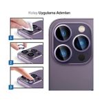 Ecovibe 15 Pro - 15 Pro Max / 14PRO - 14PROMAX Modellerinin Tümüne Uyumlu Alüminyum Alaşım Çerçeveli ve 9h Sertliğinde Temperli Camlı Lens Koruyucu (Mor)