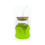 Ecovibe 500ML Bambu Kapaklı Cam Bardak, Cam Pipetli Silikon Kapak Contalı Ince Çizgi Desenli Soğuk Içecekler Için Kahve Meyve Suları ve Çayları Için Ergonomik Şık Tasarım - 001-Renkli