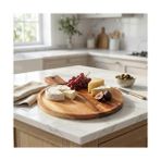 Ecovibe Doğal Akasya Ahşap Yuvarlak Sunum Tahtası ve Servis Tepsisi – 28.5 cm Özel Motif Desenli ve Kulplu Pizza, Peynir ve Pasta Tabağı - Kestane Akaju - Option-1