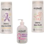 Ecowell Organik Bebek Bakım Seti 3'lü (Bebek Şampuanı 300 ml, Bebek Losyonu 300 ml, Bebek Temizleme Jeli 500 ml) Doğal İçerikli