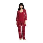 Ecrou Kadın Bordo Ekose Kadife İp Askı Sabahlık Pantolon 3 Lü Pijama Takım