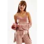 Ecrou Kadın Pudra Soft Kadife Truvakar Kol İp Askılı Pantolon 3 Lü Pijama Takım