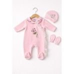 Eda Baby Kadife Önden Çıtçıtlı Bebek Tulumu - Pembe - 3 - 6 Ay