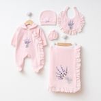 Eda Baby Lavanta Nakışlı Kadife %100 Pamuklu Yenidoğan Hastane Çıkış Seti Kız Bebek - 0 - 3 Ay - Pembe
