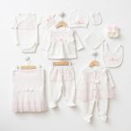 Eda Baby Pembe Dantelli ve Fiyonk Detaylı 11'li Bebek Hastane Çıkışı - %100 Pamuk - Ekru - Pembe - 0 - 3 Ay