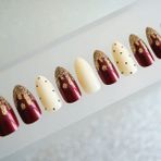 Eda Luxury Beauty Bordo Beyaz Altın Simli French Takma Tırnak Lüks Parlak Desenli Uzun Oval Stiletto Nail Art Set