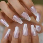Eda Luxury Beauty Inci Pembe Beyaz French Takma Tırnak Lüks Parlak Doğal Desenli Extra Uzun Kare Coffin Nail Art Set