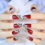 Eda Luxury Beauty Koyu Kırmızı Beyaz French Takma Tırnak Lüks Parlak Desenli Uzun Kare Köşeli Ballerina Nail Art Set