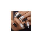 Eda Luxury Beauty Siyah Beyaz Takma Tırnak Lüks Parlak Mermer Desenli Extra Uzun Kare Köşeli Ballerina Nail Art Set