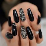 Eda Luxury Beauty Siyah Gümüş Takma Tırnak Lüks Parlak Kristal Taşlı Desenli Extra Uzun Kare Ballerina Nail Art Set