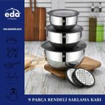 Eda Paslanmaz Çelik 9 Parça Karıştırma Kabı - Rendeli Karıştırma Saklama Kabı Seti Gri