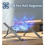 Edewatt Alüminyum Katlanır Fanlı Laptop Tutucu Yükseltici Stand 6 Kademeli Macbook Uyumlu Notebook Standı Sessiz Sıcak Havayı Çeker - 1 - Metalik Gri