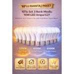 Edison 10 Adet 3 Renk Modlu 10W LED Ampul E27 Duy – Anahtarla Renk Değişen 3 Işık Tek Ampul - 10'lu