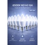 Edison 10 Adet 8W LED Ampul E14 Duy 6500K Beyaz Işık Buji Mum Tipi Tasarruflu İnce Duy Avize Ampulü