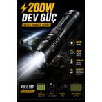 Edison 200W Profesyonel El Feneri 6000 Lümen 3000 Metre Menzilli Powerbanklı Şarjlı Projektör Fener