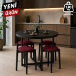 Edmonda Ev Aksesuar Atlas Yuvarlak 90 Çap Puflu 4 Kişilik Masa Takımı Balkon Masası Kahve Masası Bordo Kumaş - Siyah