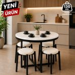 Edmonda Ev Aksesuar Atlas Yuvarlak 90 cm Puflu 4 Kişilik Masa Takımı Balkon Masası Kahve Masası Krem Kumaş - Beyaz Mermer