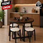 Edmonda Ev Aksesuar Atlas Yuvarlak 90 cm Puflu 4 Kişilik Masa Takımı Balkon Masası Kahve Masası Krem Kumaş - Koyu Ceviz