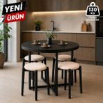 Edmonda Ev Aksesuar Atlas Yuvarlak 90 cm Puflu 4 Kişilik Masa Takımı Balkon Masası Kahve Masası Krem Kumaş - Siyah