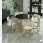 Edmonda Ev Aksesuar Melis Gold Metal Krem 90 cm Çap Yuvarlak Yemek Masası Takımı 4 Kişilik Balkon Masası Takımı Mutfak Masası - Siyah Mermer