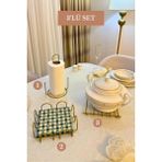 Edora Home 3’lü Set Mat Gold Kare Peçetelik Dik Kağıt Havluluk Misketli Nihale Mutfak Seti