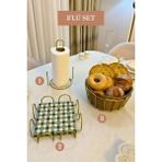 Edora Home 3’lü Set Mat Gold Kare Peçetelik Dik Kağıt Havluluk Misketli Oval Köşeli Ekmek Sepeti Bej Mutfak Seti