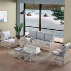 Edra Rattan Puflu Bahçe Balkon Takımı 3+1+1+Camı Masa Kemik Rengi