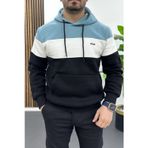 Edwox Erkek Slim Fit Renk Bloklu Kapüşonlu Sweatshirt Açık Mavi Edw438