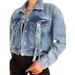 EF STYLE kuşgözü ve şerit detaylı crop kot ceket mavi M