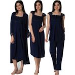 Effortt 2305 Lacivert Renk Sabahlıklı ve Gecelikli Kadın Pijama Takımı