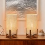 EFLIGHTDESIGN 2'li Ahşap Abajur Krem Hasır Desenli Modern Şık Yatak Odası Salon Masa Lambası