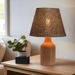 EFLIGHTDESIGN Kahve Ahşap Abajur Hasır Desenli Modern Şık Yatak Odası Salon Masa Lambası