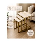 EFLORA DESIGN Tekerlekli Zigon Sehpa 3’lü Set – Eskitme Gold Metal Ayaklı Traverten Melamin Kaplama Şık Tasarım