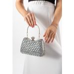 efnanstore Gümüş Iri Taşlı Üçgen Taş Detaylı Çift Taraflı Abiye Çanta