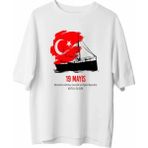 Efnaz Style 19 Mayıs Atatürkü Anma Gençlik ve Spor Bayramı Baskılı Oversize T-Shirt - Beyaz