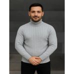 Efnaz Style Erkek Balıkcı Yaka Bağazlı Triko Kazak Pamuklu Kalın Fitilli Dokuma, Regular Fit Uzun Kollu Kışlık Model - Gri - 2XL