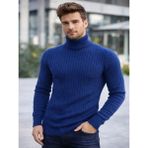 Efnaz Style Erkek Balıkcı Yaka Bağazlı Triko Kazak Pamuklu Kalın Fitilli Dokuma, Regular Fit Uzun Kollu Kışlık Model - Indigo - İndigo - XL