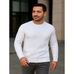 Efnaz Style Erkek Bisiklet Yuvarlak Yaka Triko Kazak Pamuklu Kalın Fitilli Dokuma, Regular Fit Uzun Kollu Kışlık Model - Beyaz