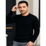 Efnaz Style Erkek Bisiklet Yuvarlak Yaka Triko Kazak Pamuklu Kalın Fitilli Dokuma, Regular Fit Uzun Kollu Kışlık Model - Siyah - XL